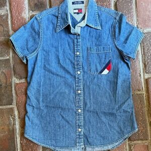 Tommy‎ Hilfiger Women's Vintage Denim Short Sleeve Shirt Blue size 6 Jeans logo